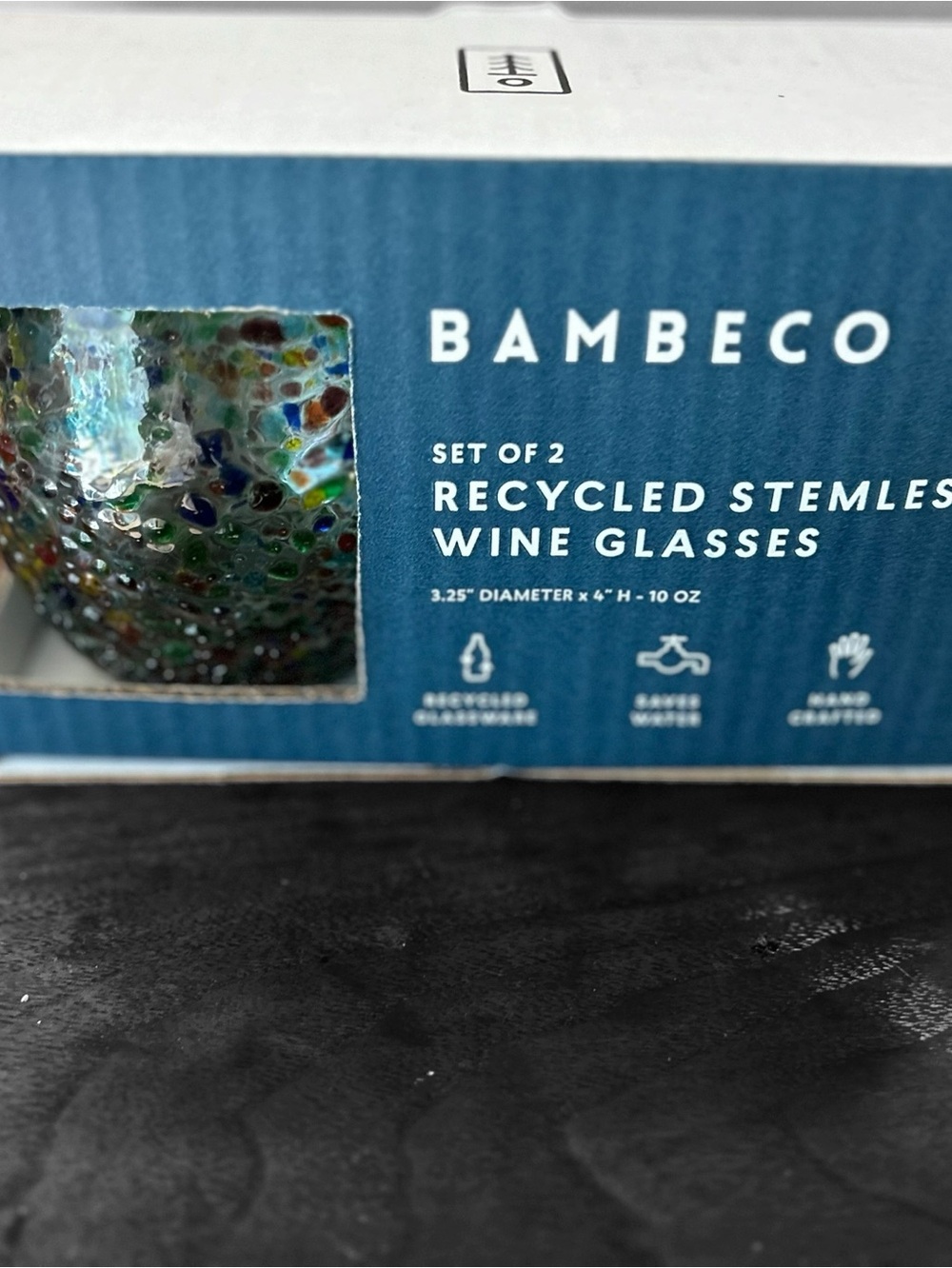 Boxed Set 2 Bambeco Confetti Recycled Stemless
Wine Glasses NIB